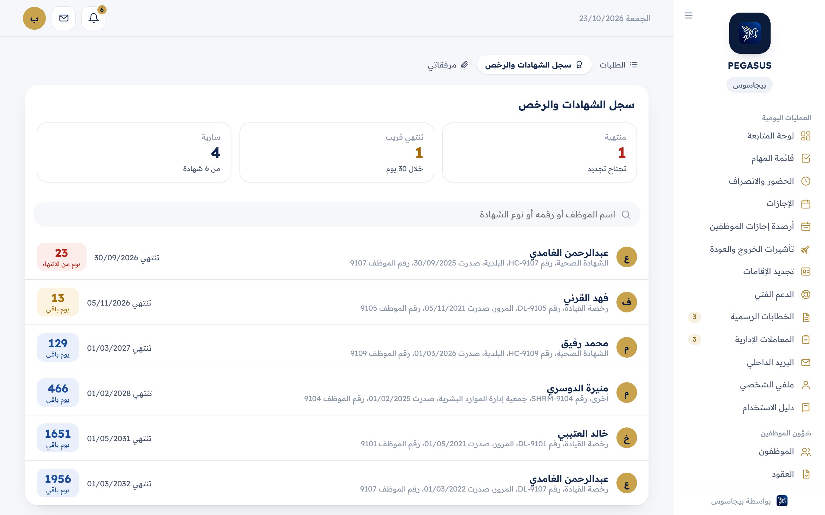 سجل الشهادات والرخص في بيجاسوس
